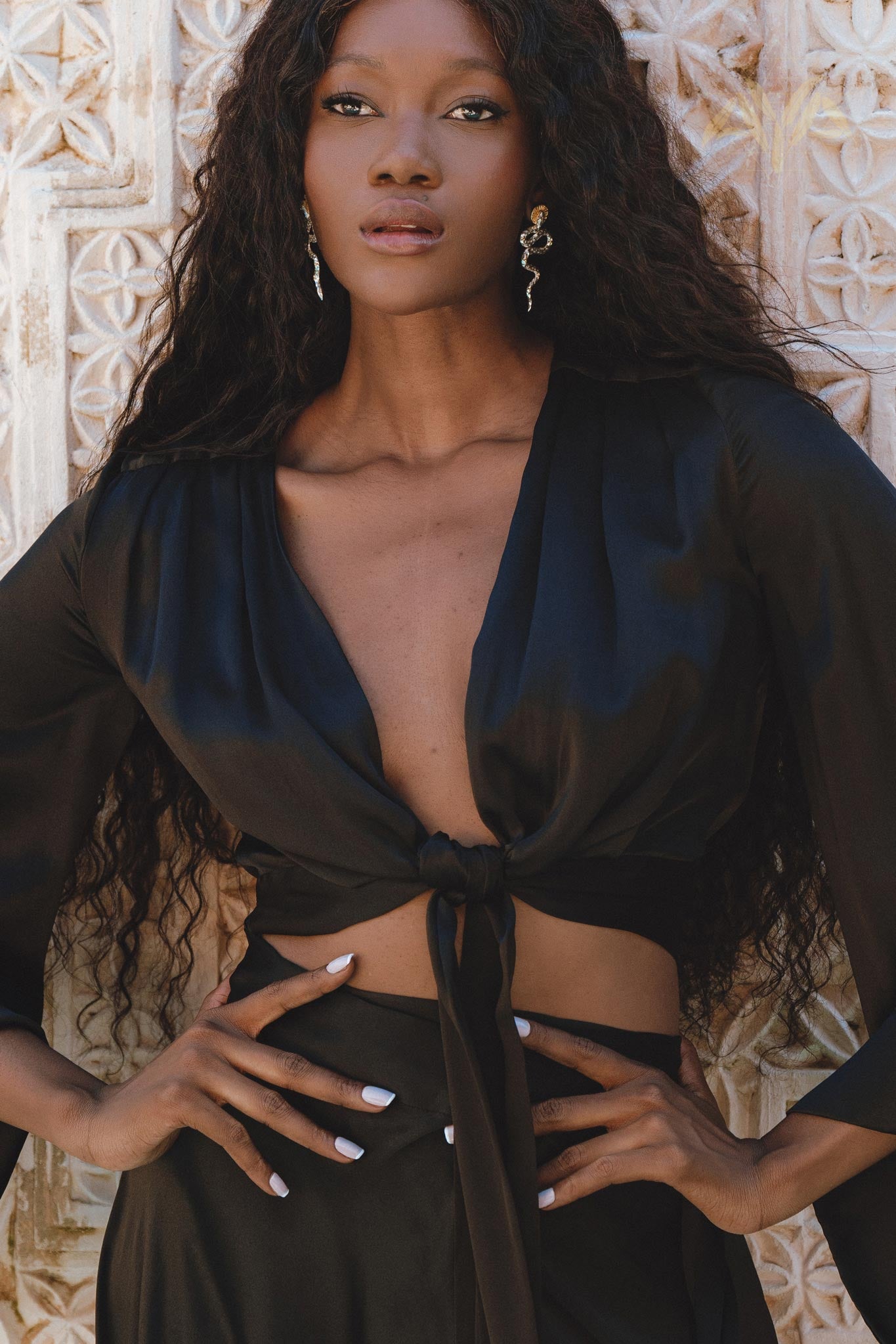 Black Venus Peace Silk Blouse • Elegant Goddess Sleeves Crop Top • Adjustable Wrap Top - AYA Sacred Wear