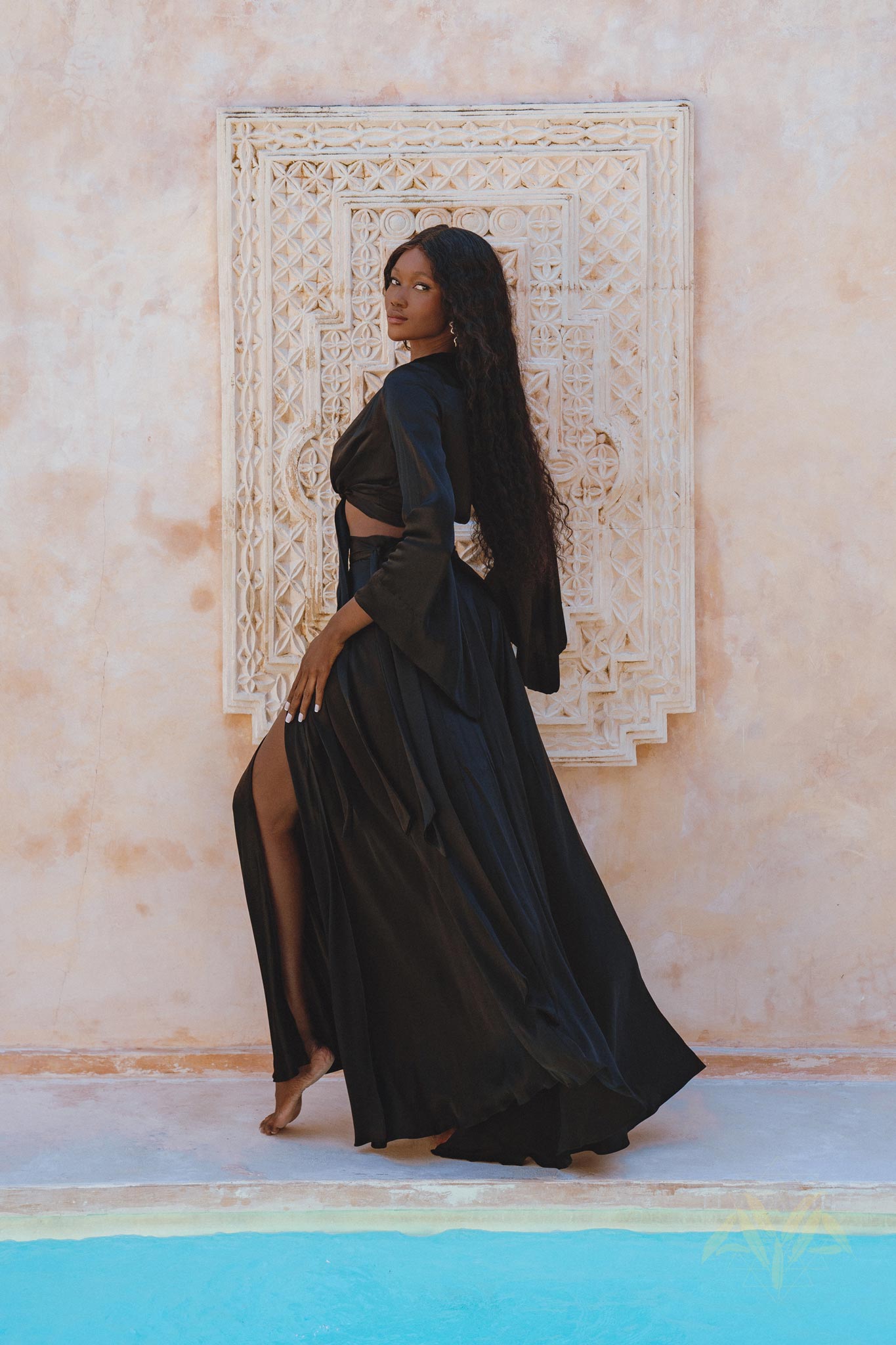 Black Venus Peace Silk Blouse • Elegant Goddess Sleeves Crop Top • Adjustable Wrap Top - AYA Sacred Wear