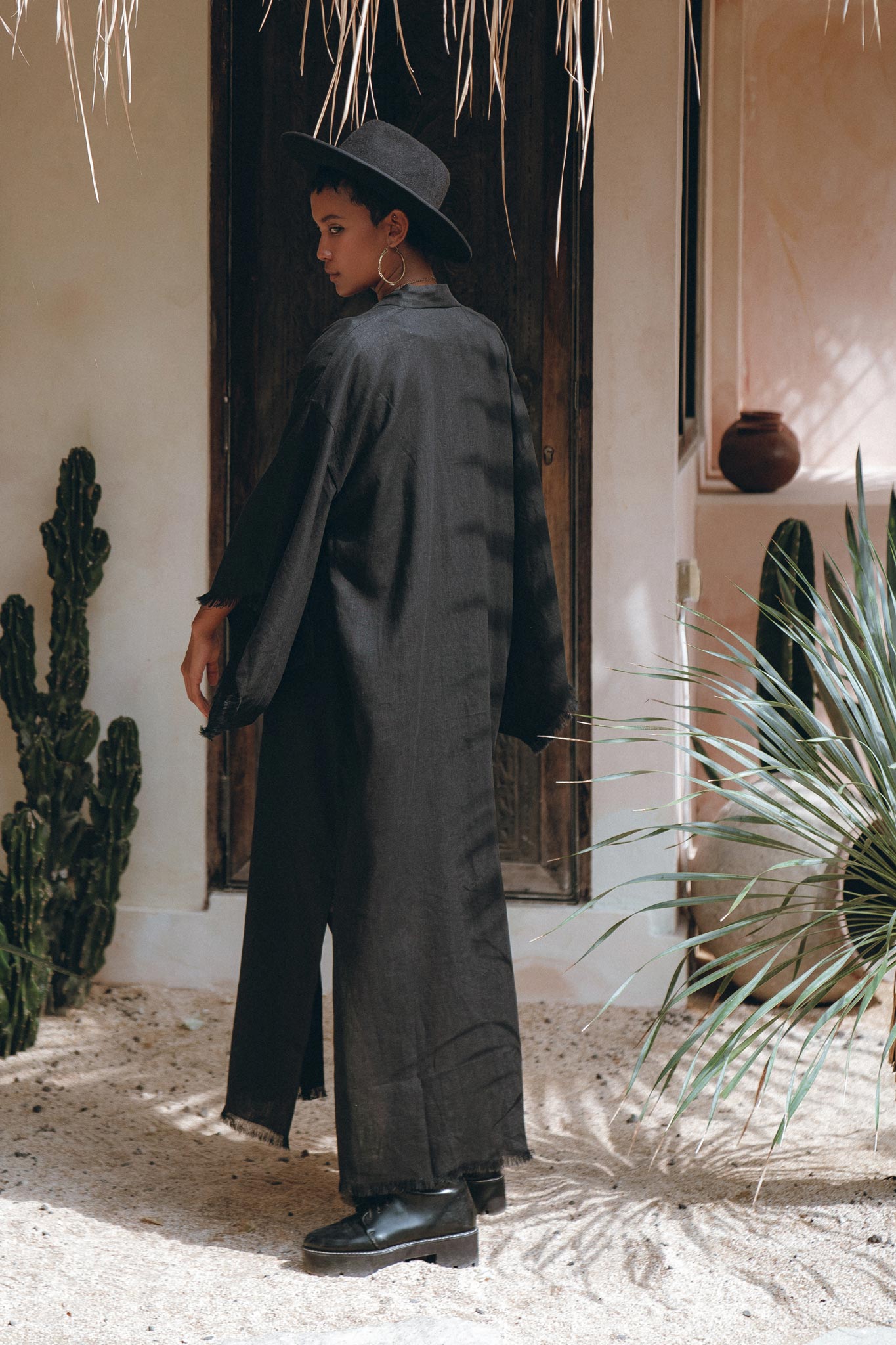 Boho Cover Up, Wide Sleeve Bohemian Cardigan, Black Linen Kimono Robe - AYA Sacred Wear