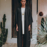 Boho Cover Up, Wide Sleeve Bohemian Cardigan, Black Linen Kimono Robe - AYA Sacred Wear