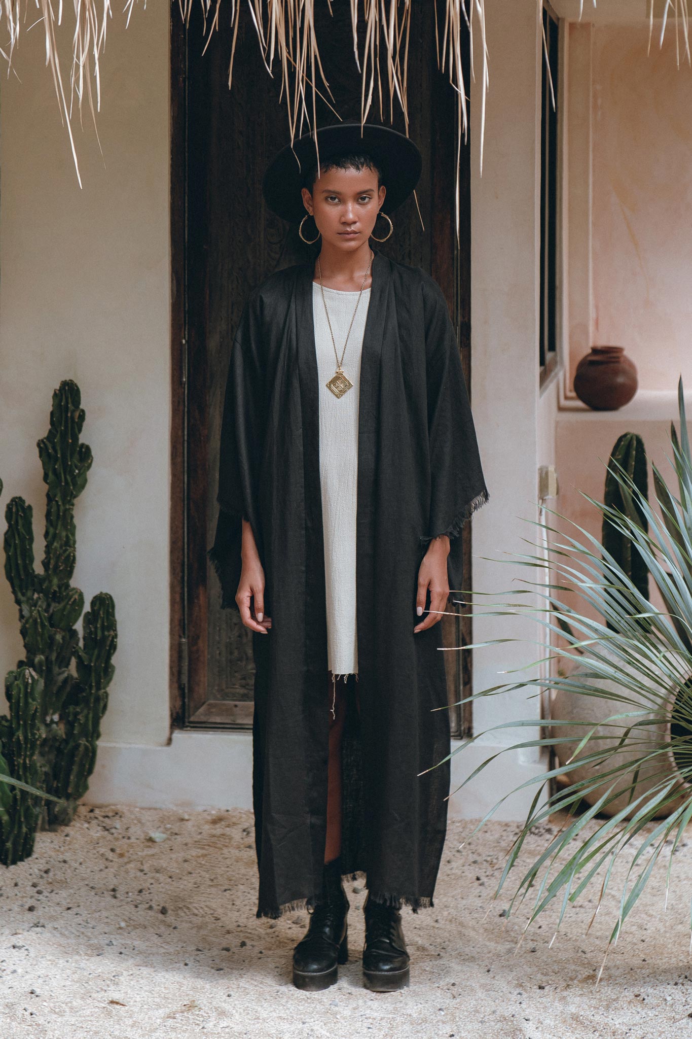Boho Cover Up, Wide Sleeve Bohemian Cardigan, Black Linen Kimono Robe - AYA Sacred Wear
