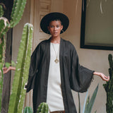 Boho Cover Up, Wide Sleeve Bohemian Cardigan, Black Linen Kimono Robe - AYA Sacred Wear