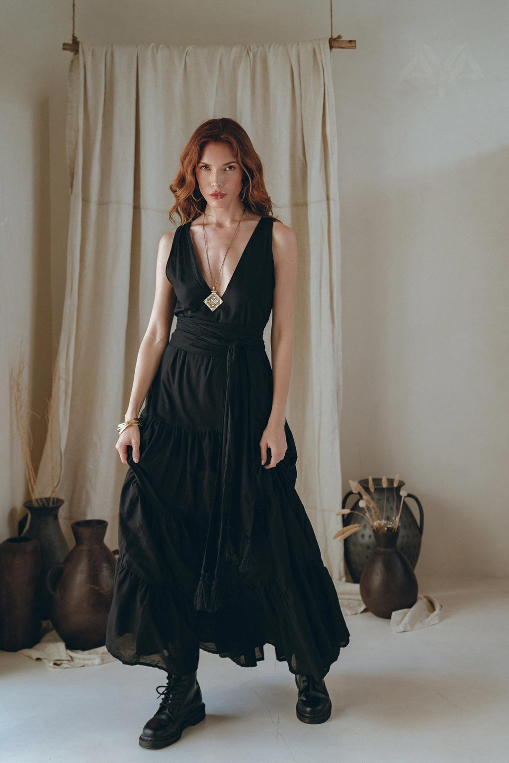 Black A line Bridesmaid Dress, Boho Maternity Organic Cotton Dress - AYA Sacred Wear