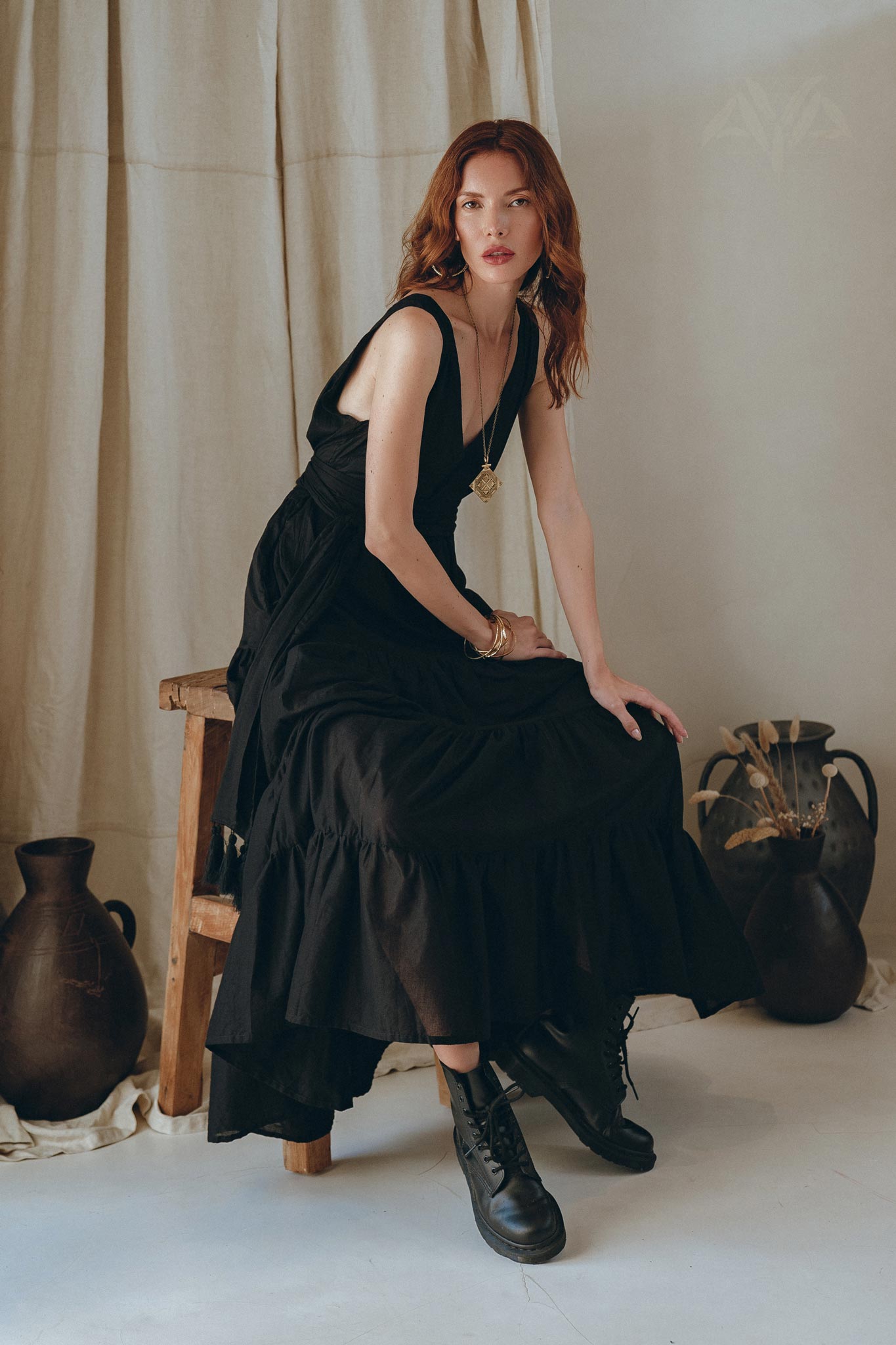 Black A line Bridesmaid Dress, Boho Maternity Organic Cotton Dress - AYA Sacred Wear