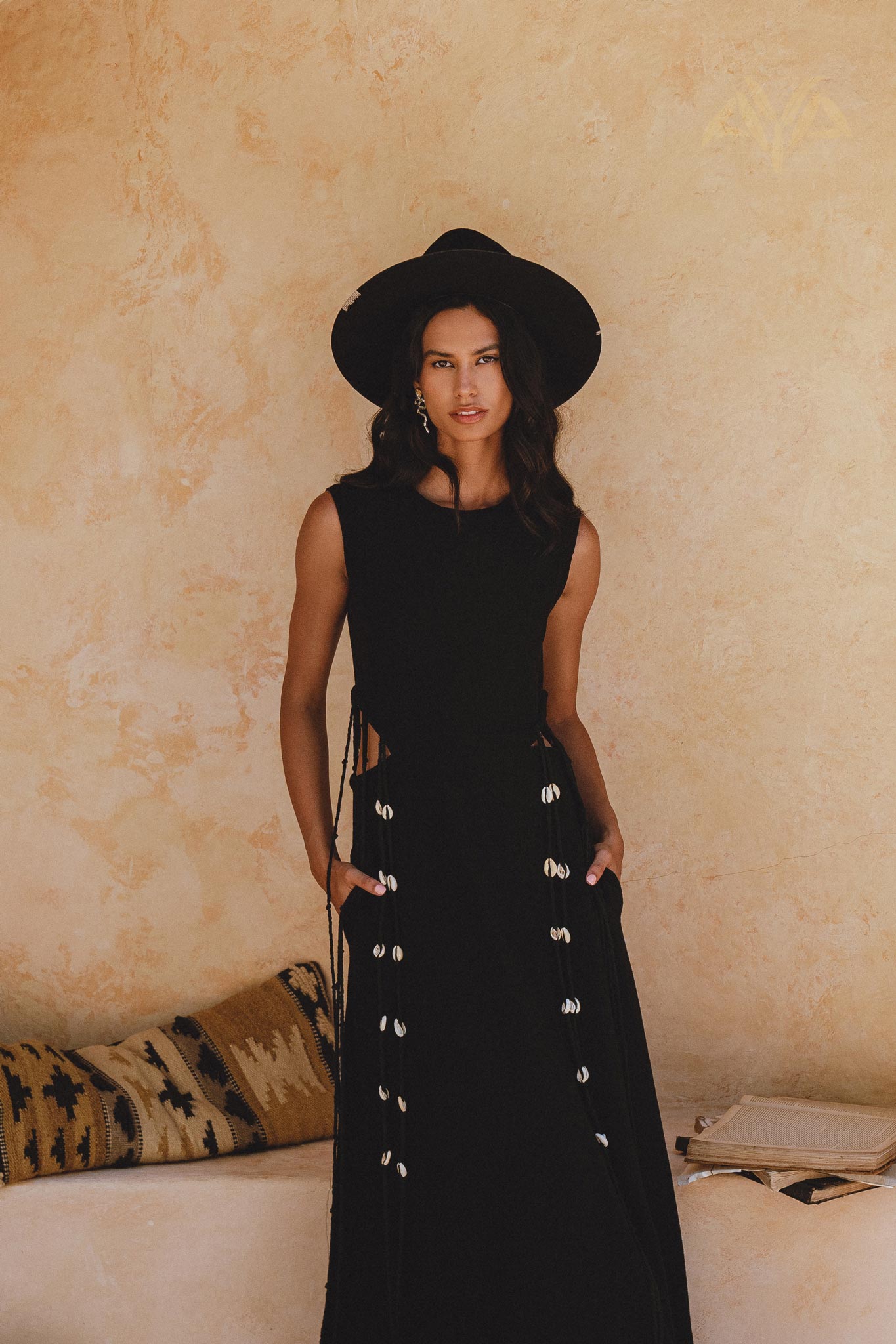 Minimalist Cocktail Dress; Black Boho Style; Organic Handwoven Cotton & Sea Shells; Made Entirely by Hand.