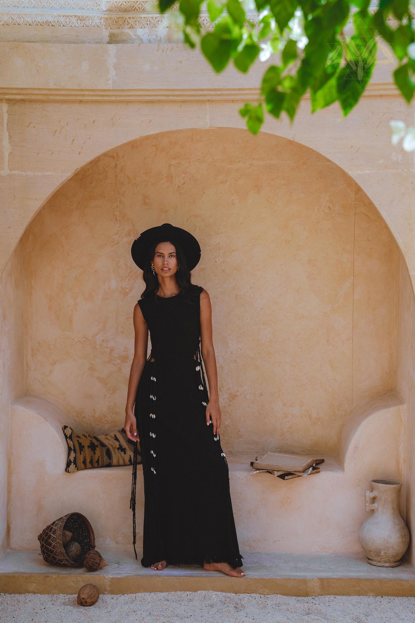 Classic Black Boho Dress; Handcrafted by Balinese Women; Organic Botanical Dyed Cotton with Sea Shells.