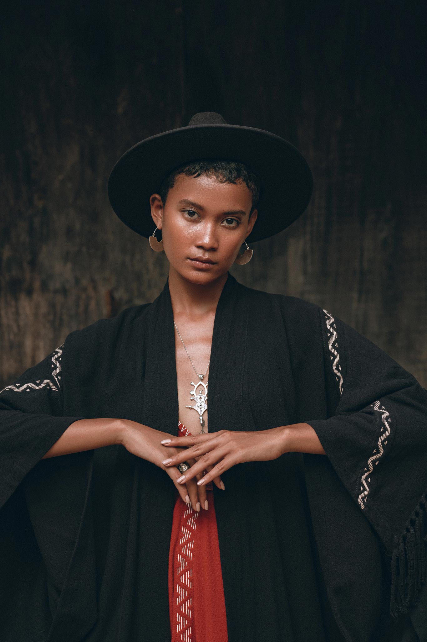 Black Organic Poncho, Tribal Cotton Robe, Hand Embroidered Overcoat - AYA Sacred Wear