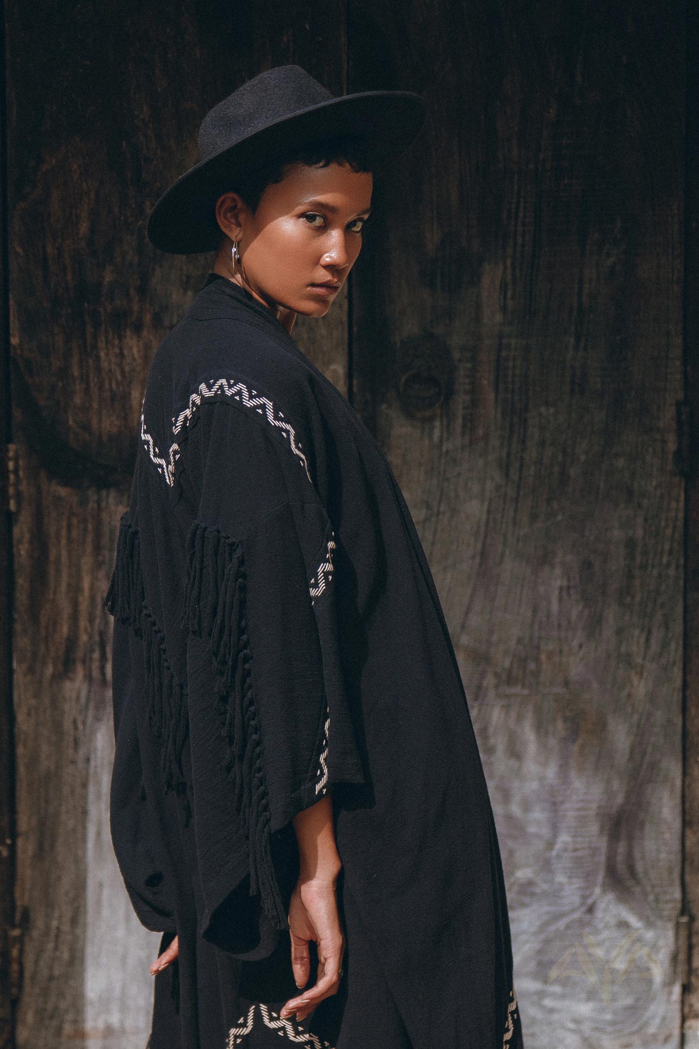 Black Organic Poncho, Tribal Cotton Robe, Hand Embroidered Overcoat - AYA Sacred Wear