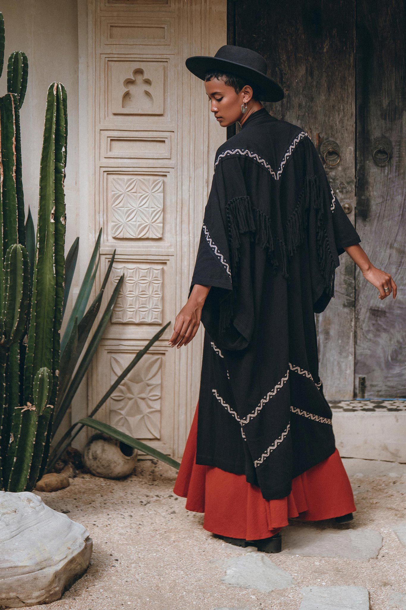 Black Organic Poncho, Tribal Cotton Robe, Hand Embroidered Overcoat - AYA Sacred Wear