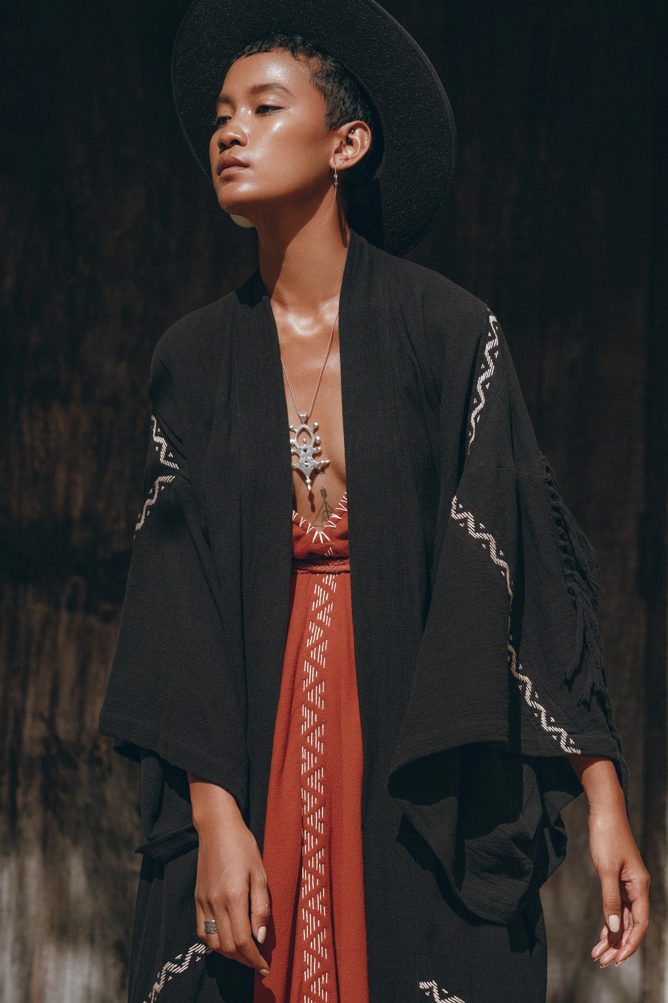 Black Organic Poncho, Tribal Cotton Robe, Hand Embroidered Overcoat - AYA Sacred Wear
