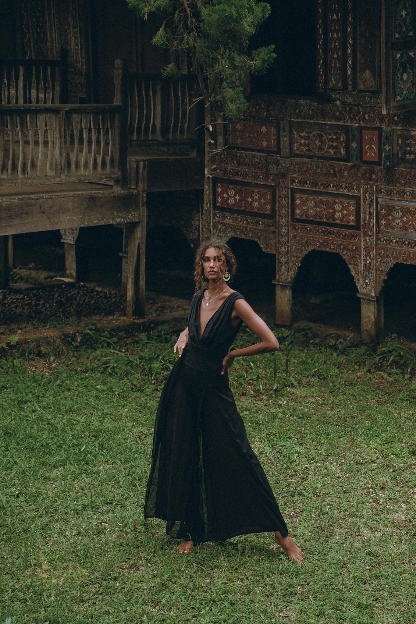 Black Boho Jumpsuit Women, Handmade Cold Shoulder Maxi Jumpsuit - AYA Sacred Wear