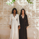 Stunning Black Gloss Dress: Designed for bridesmaids and wedding guests, with a bohemian touch and sustainably dyed with soft, organic Peace Silk.