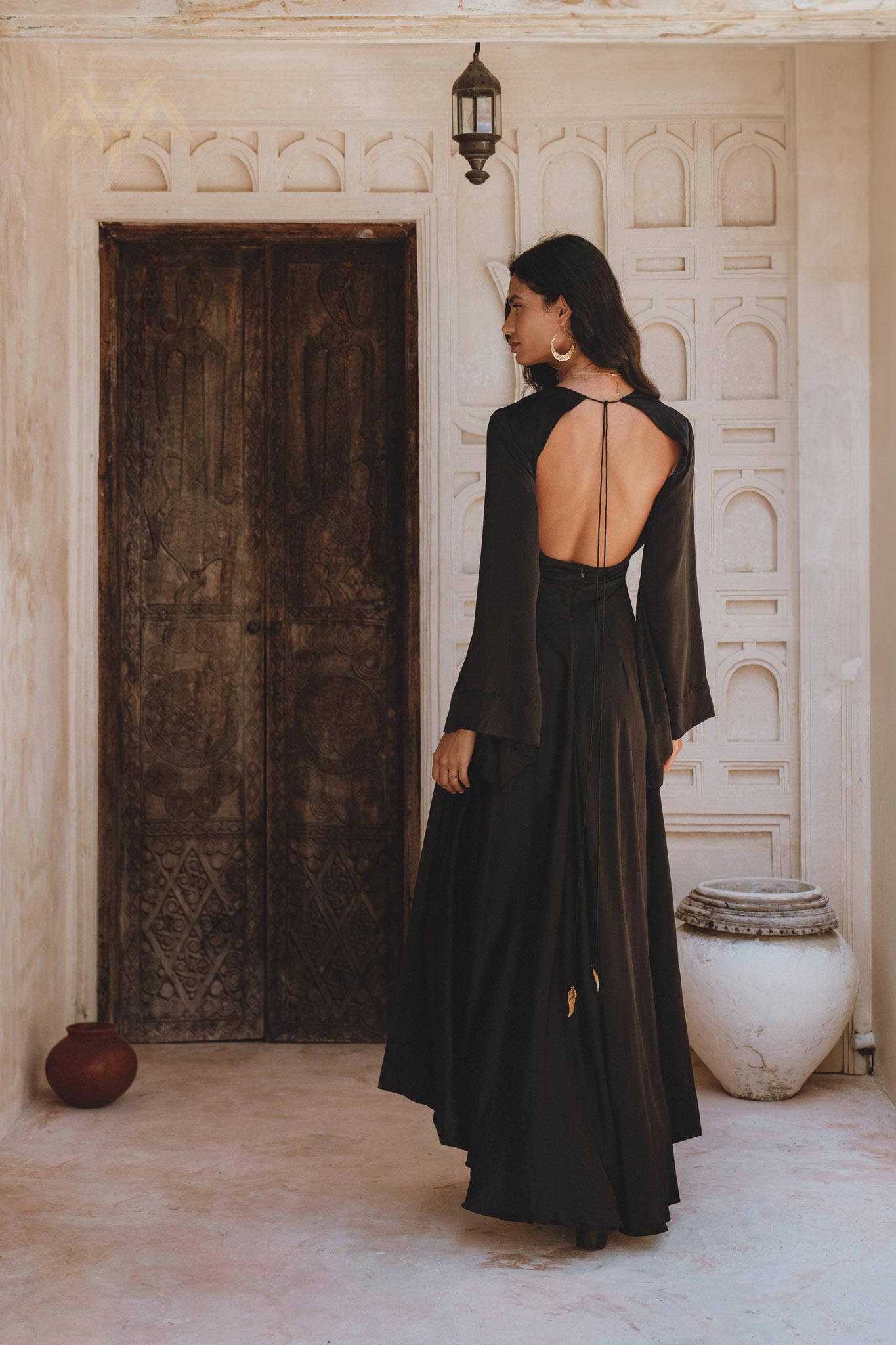 Elegant Black Silk Shanti Grace Dress: Boho Fairy Tail design with an open back, perfect for bridesmaids and wedding guests