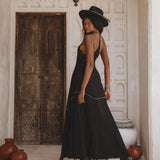 Elegant Cocktail Dress with Open Neckline and Jingle Bells - Black Goddess Style with Organic Botanical Dye, Handcrafted with Love