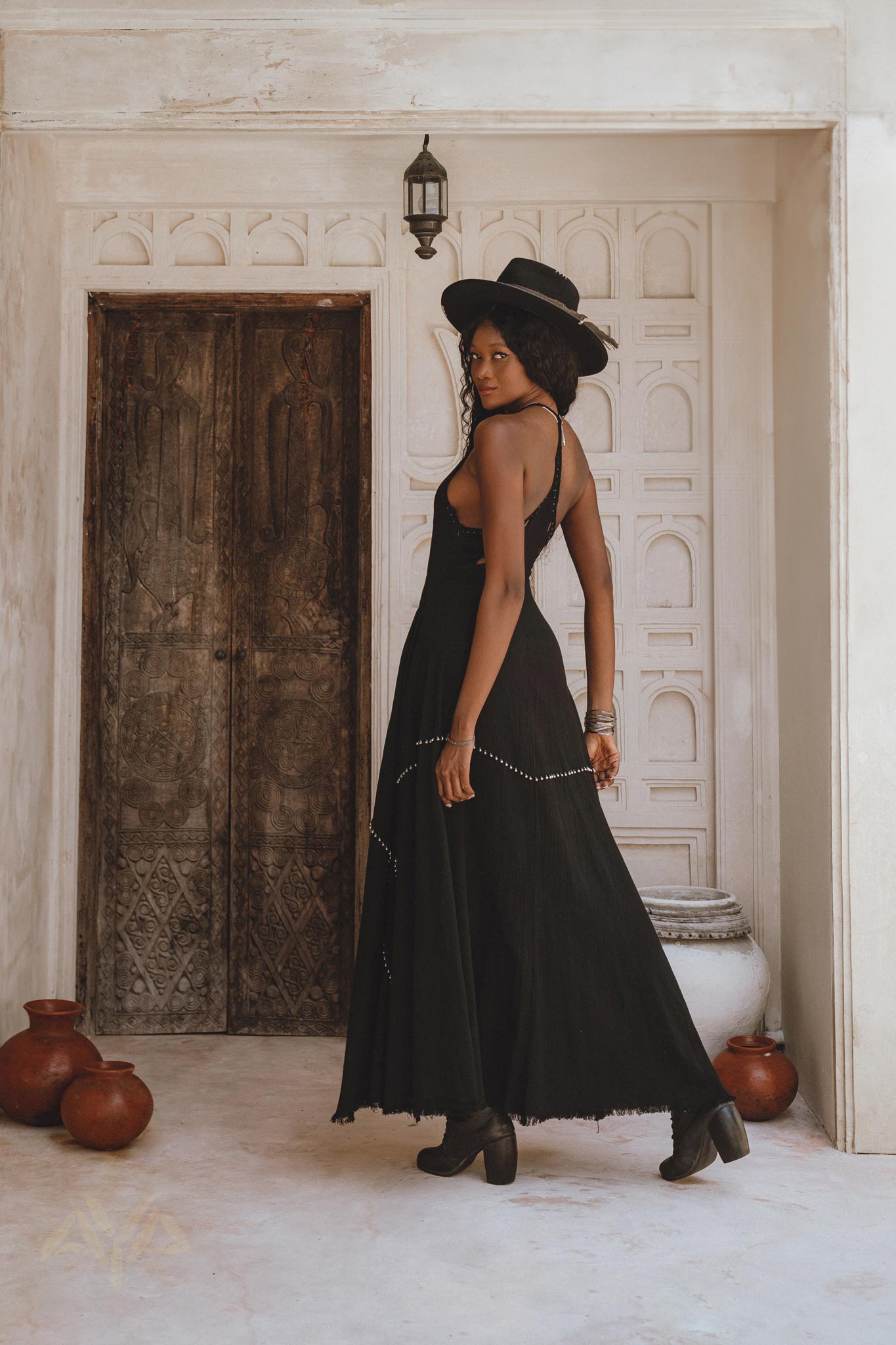 Elegant Cocktail Dress with Open Neckline and Jingle Bells - Black Goddess Style with Organic Botanical Dye, Handcrafted with Love