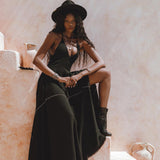 Greek Gothic Black Goddess Dress with Boho Touch - Hand-Embroidered Bust, Bells Throughout, Designed for Elegance and Grace