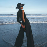 Organic Boho Top & Trousers Set - Black Bohemian style with open shoulders, perfect for eco-conscious women.