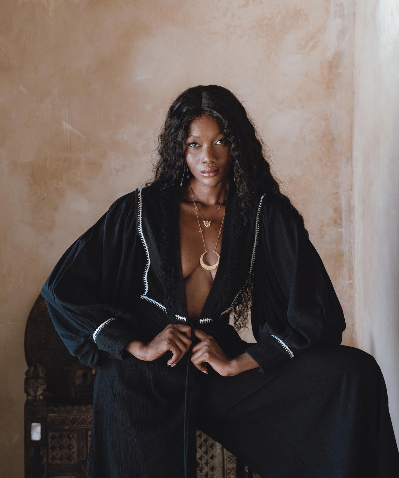 Hand-Embroidered Black Puff Sleeves Top for Women - Organic Bohemian Kimono Jacket with Tassels, Structured Linen Base, and Mixed Cotton Sleeves.