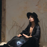 Elegant Black Silk Kimono Blouse with Bell Sleeves - A Bohemian Wrap Cover Up for Women, Perfect for Summer Chic Look.