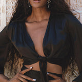 Organic Peace Silk Kimono Blouse - Black Elegant Women's Wrap Top with Bell Sleeves, Sustainably Dyed.