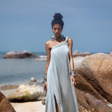 Blue Aurora Greek Goddess Dress • Macrame Toga Dress • One shoulder Maxi Dress - AYA Sacred Wear