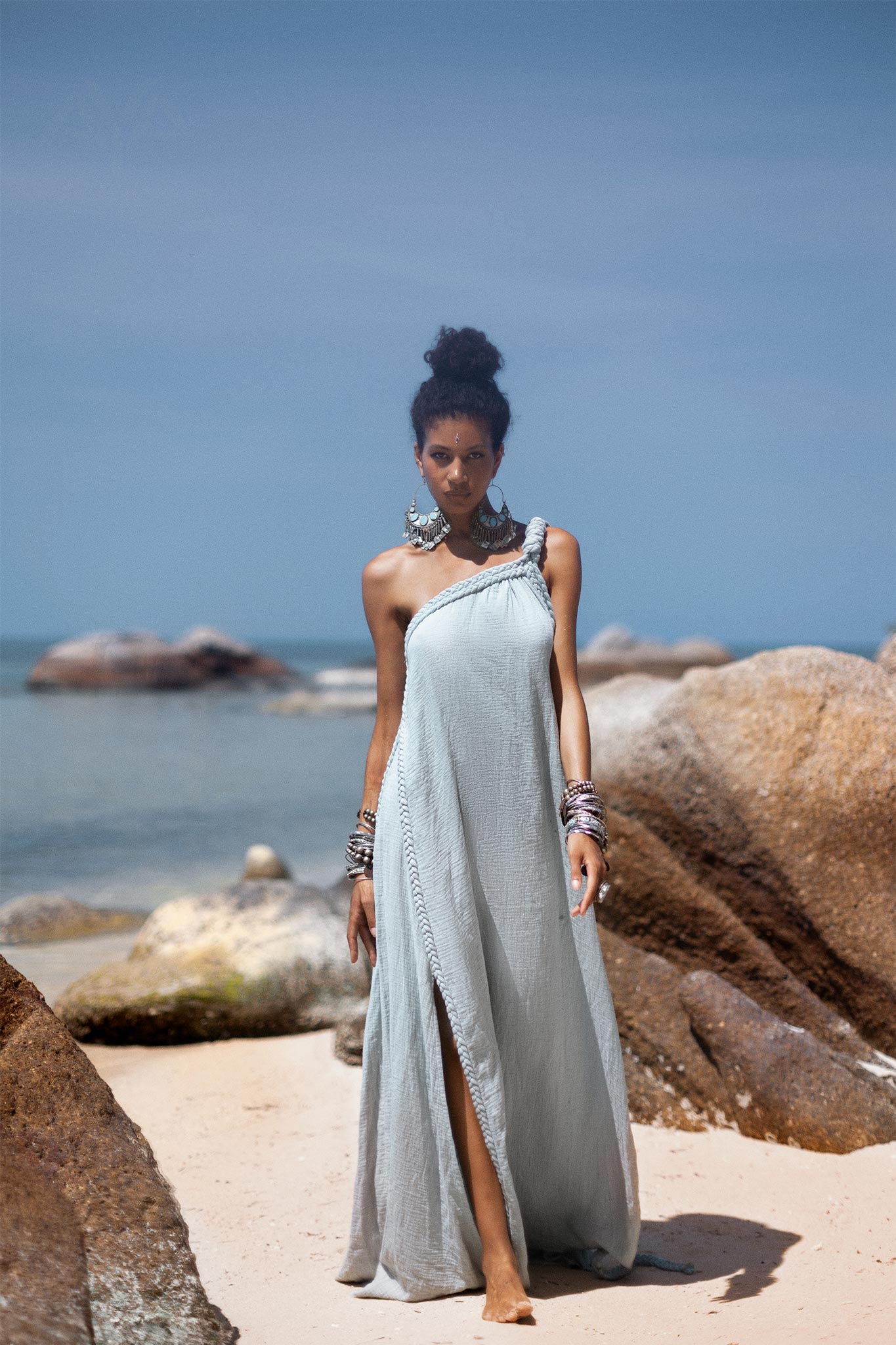 Blue Aurora Greek Goddess Dress • Macrame Toga Dress • One shoulder Maxi Dress - AYA Sacred Wear