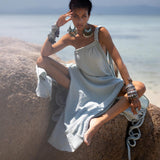 Blue Aurora Greek Goddess Dress • Macrame Toga Dress • One shoulder Maxi Dress - AYA Sacred Wear
