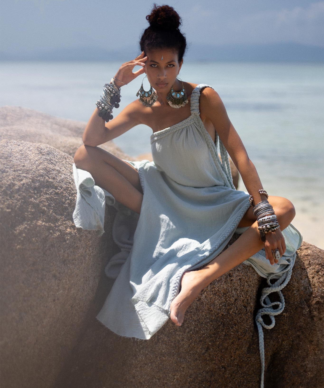 Blue Aurora Greek Goddess Dress • Macrame Toga Dress • One shoulder Maxi Dress - AYA Sacred Wear