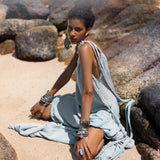 Blue Aurora Greek Goddess Dress • Macrame Toga Dress • One shoulder Maxi Dress - AYA Sacred Wear