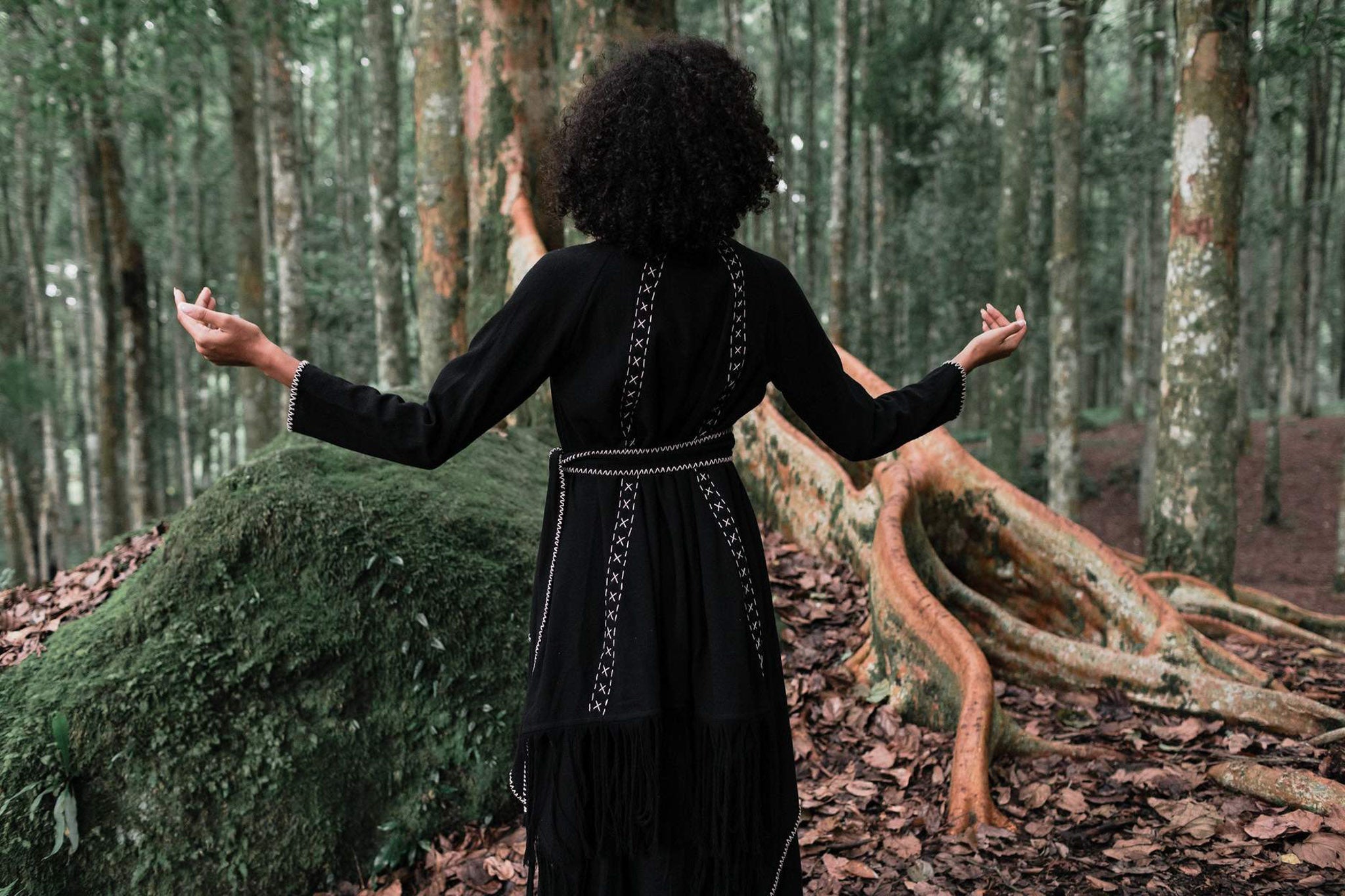 Bohemian Black Cardigan • Black Long Cotton Kimono Robe With Hand Embroidery - AYA Sacred Wear