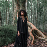 Bohemian Black Cardigan • Black Long Cotton Kimono Robe With Hand Embroidery - AYA Sacred Wear