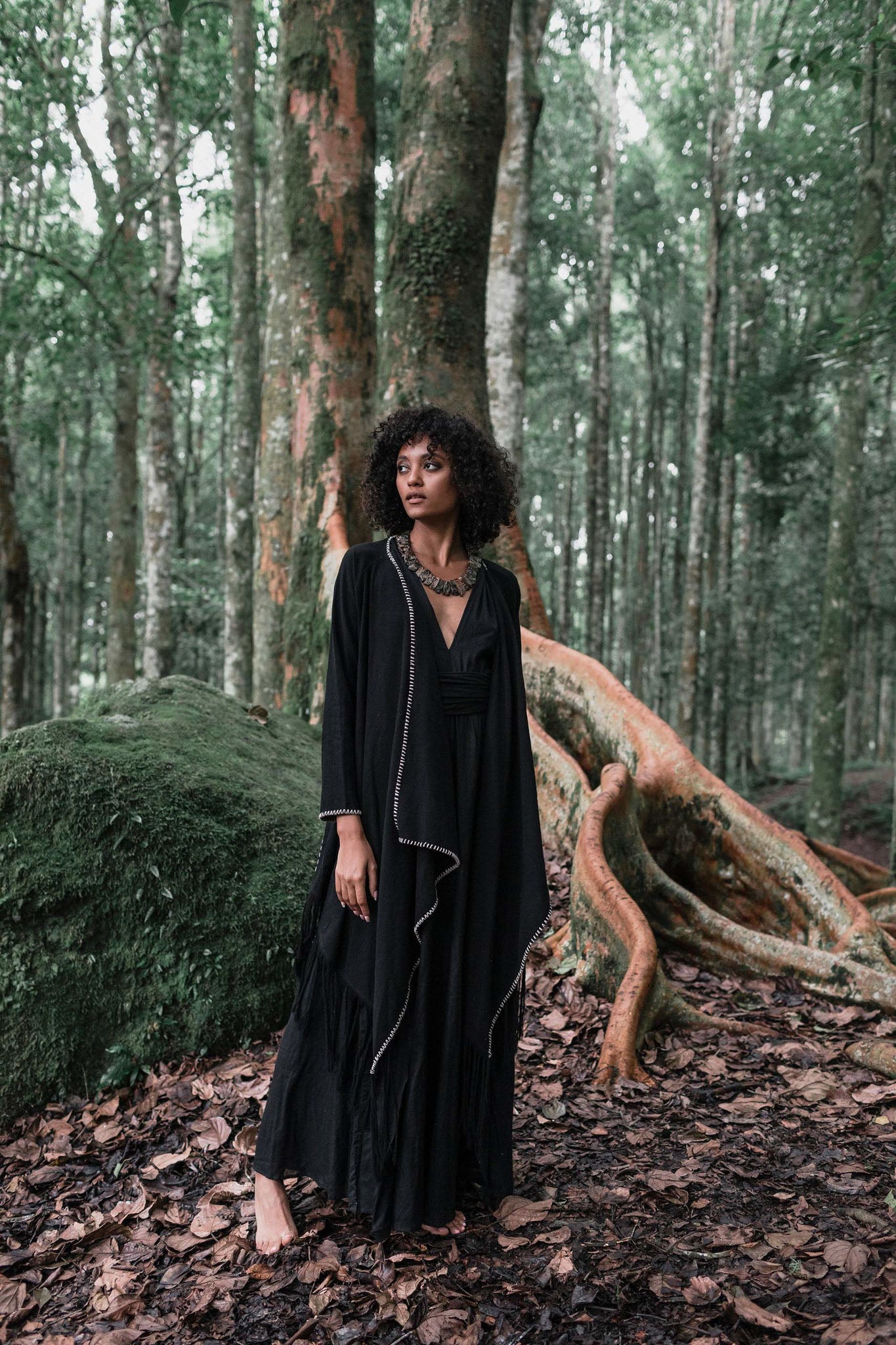 Bohemian Black Cardigan • Black Long Cotton Kimono Robe With Hand Embroidery - AYA Sacred Wear