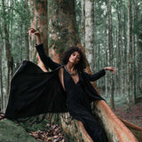 Bohemian Black Cardigan • Black Long Cotton Kimono Robe With Hand Embroidery - AYA Sacred Wear
