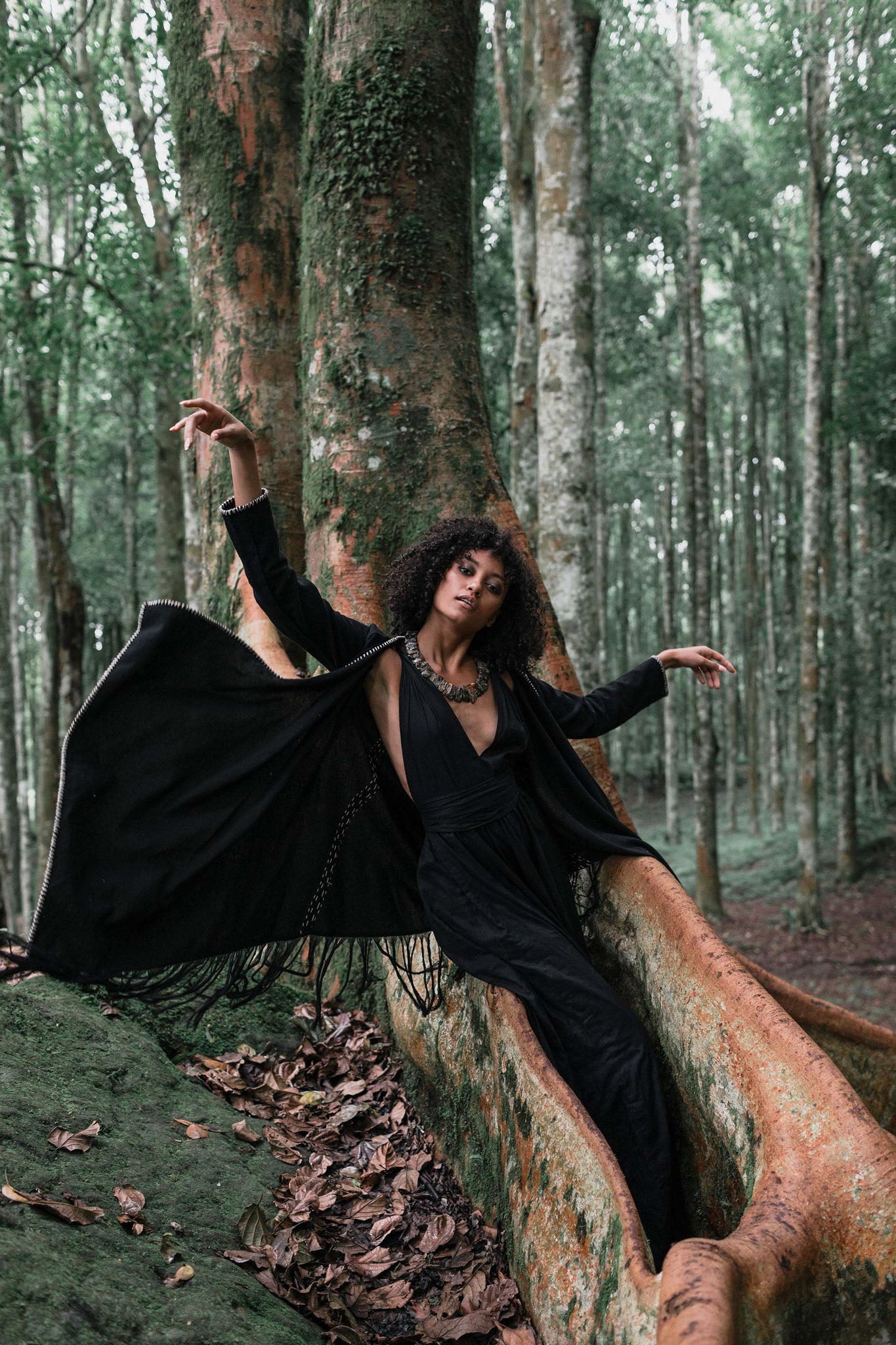 Bohemian Black Cardigan • Black Long Cotton Kimono Robe With Hand Embroidery - AYA Sacred Wear