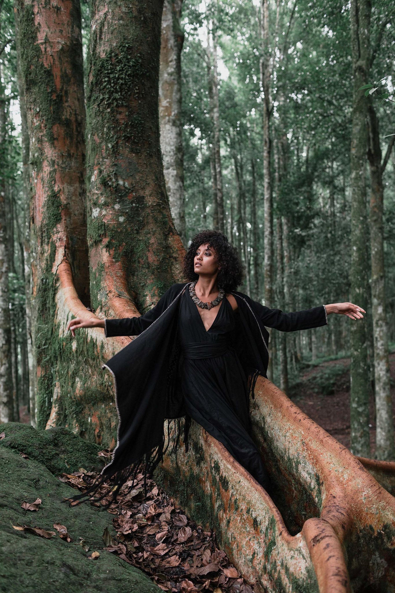Bohemian Black Cardigan • Black Long Cotton Kimono Robe With Hand Embroidery - AYA Sacred Wear