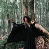 Bohemian Black Cardigan • Black Long Cotton Kimono Robe With Hand Embroidery - AYA Sacred Wear