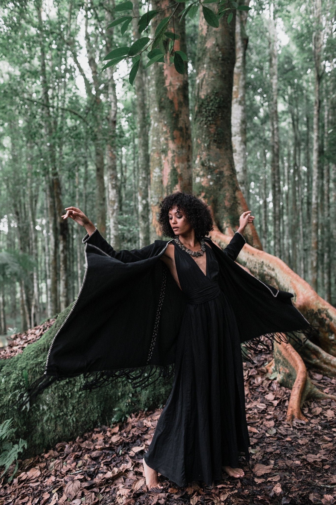 Bohemian Black Cardigan • Black Long Cotton Kimono Robe With Hand Embroidery - AYA Sacred Wear