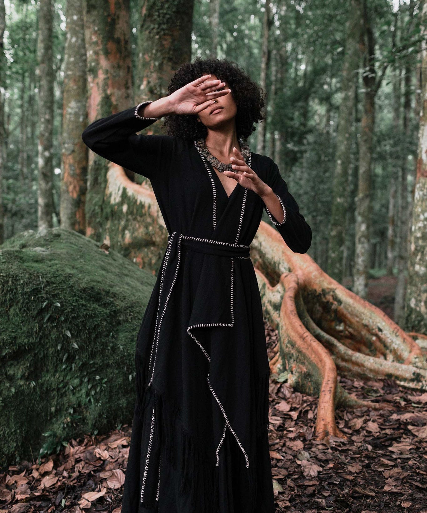 Bohemian Black Cardigan • Black Long Cotton Kimono Robe With Hand Embroidery - AYA Sacred Wear