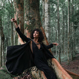 Bohemian Black Cardigan • Black Long Cotton Kimono Robe With Hand Embroidery - AYA Sacred Wear