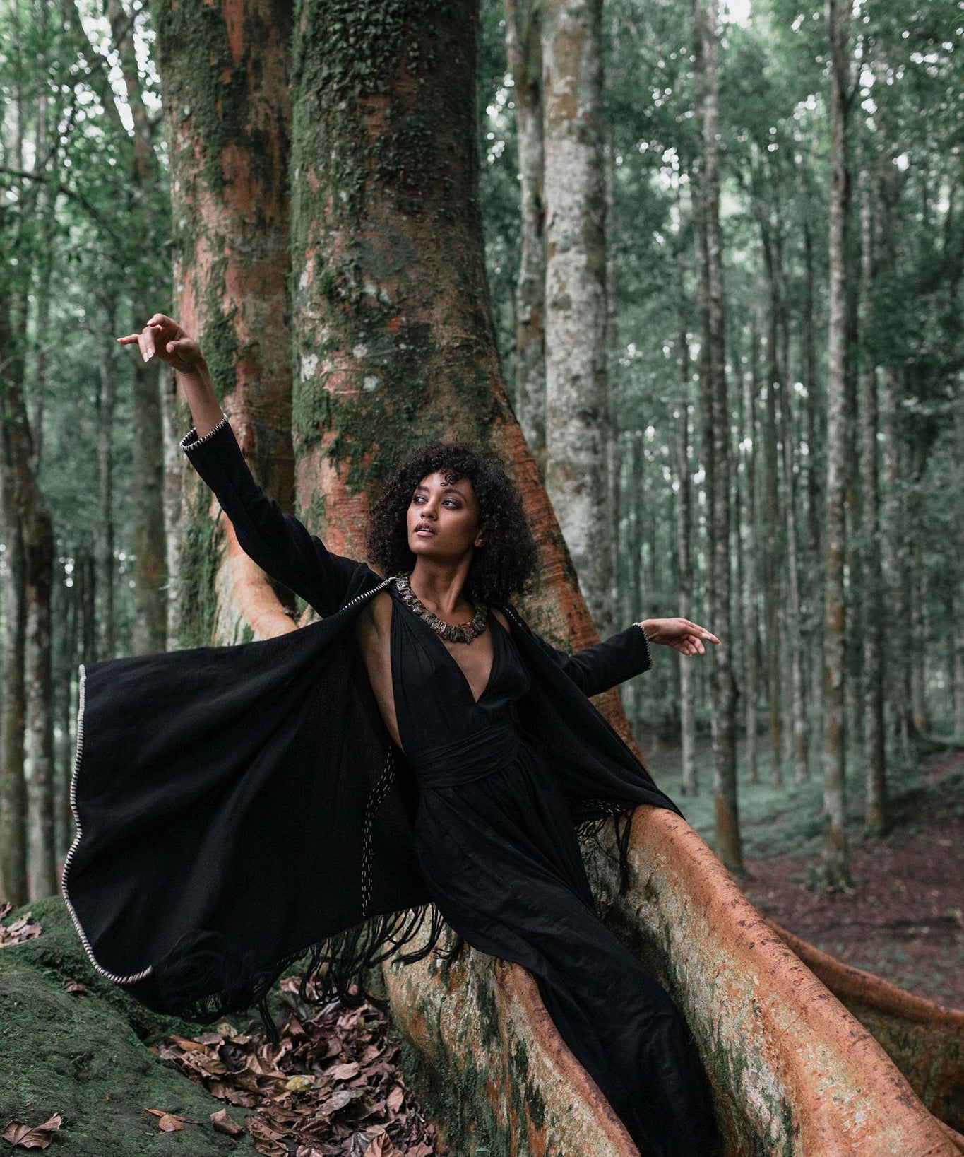 Bohemian Black Cardigan • Black Long Cotton Kimono Robe With Hand Embroidery - AYA Sacred Wear