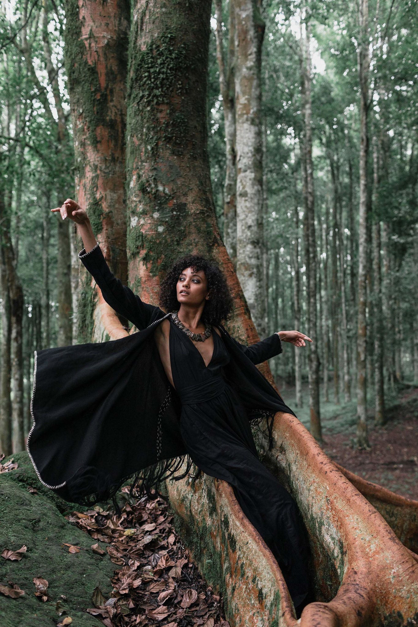 Bohemian Black Cardigan • Black Long Cotton Kimono Robe With Hand Embroidery - AYA Sacred Wear