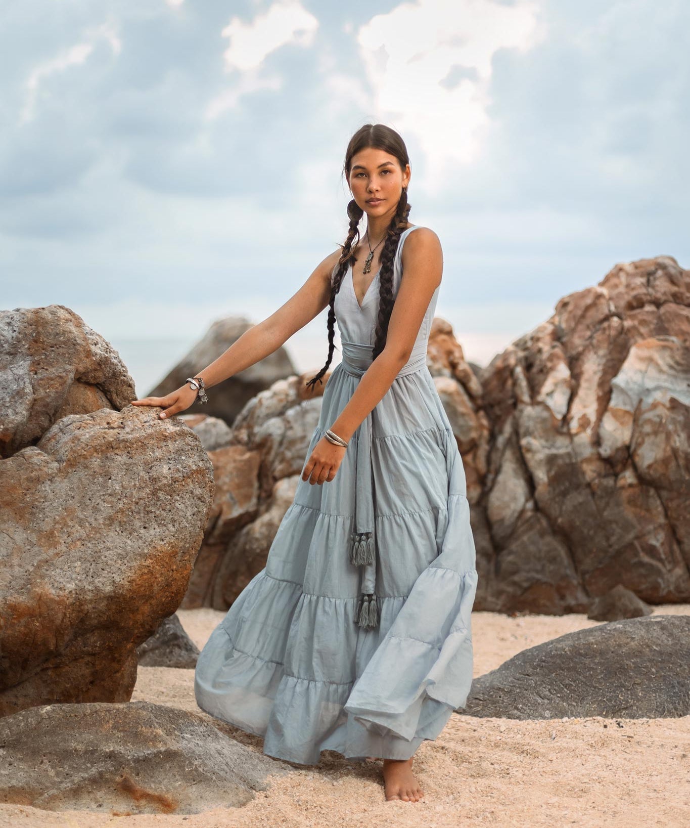 Boho Bridesmaid Dress • A Line Dress • Sky Blue Maxi Adjustable Dress - AYA Sacred Wear