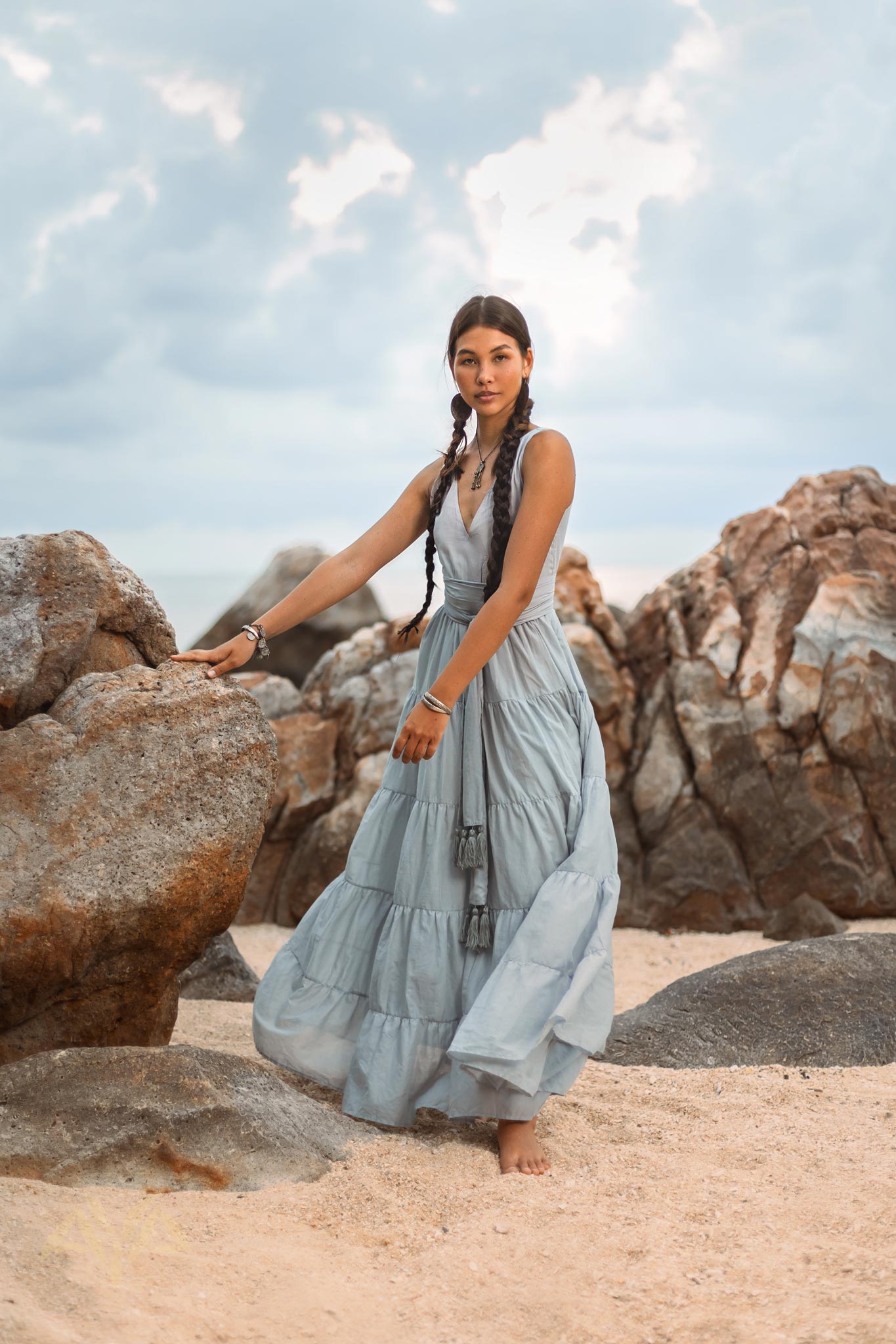 Boho Bridesmaid Dress • A Line Dress • Sky Blue Maxi Adjustable Dress - AYA Sacred Wear