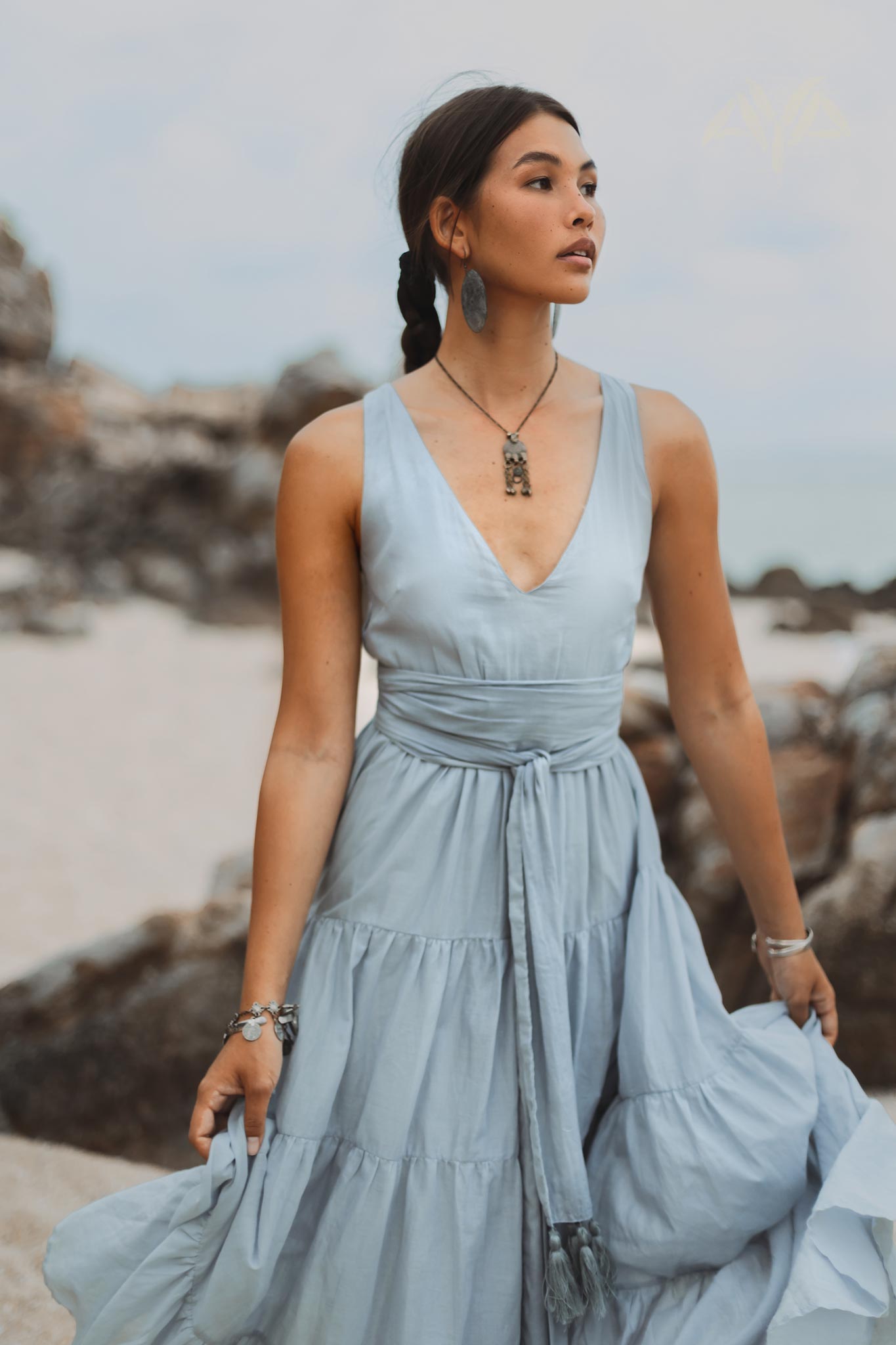 Boho Bridesmaid Dress • A Line Dress • Sky Blue Maxi Adjustable Dress - AYA Sacred Wear