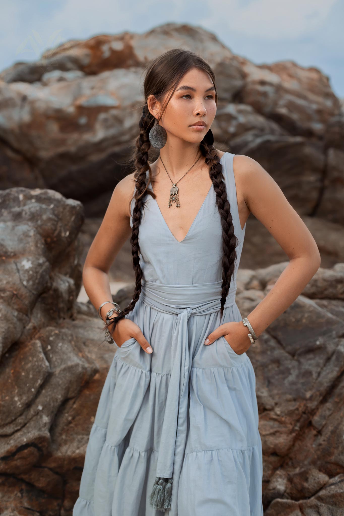 Boho Bridesmaid Dress • A Line Dress • Sky Blue Maxi Adjustable Dress - AYA Sacred Wear