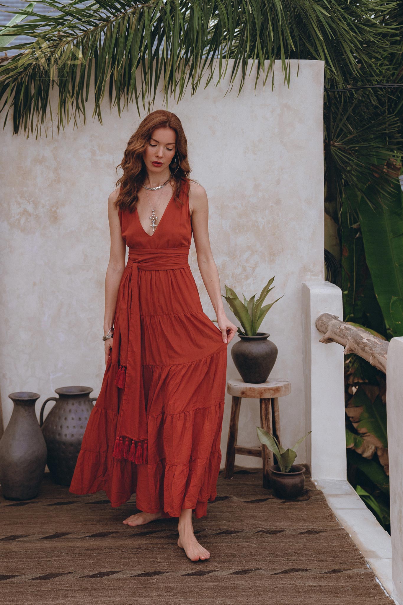 Boho Bridesmaid Dress • Boho Belted Dress • Red Maxi Adjustable Dress - AYA Sacred Wear