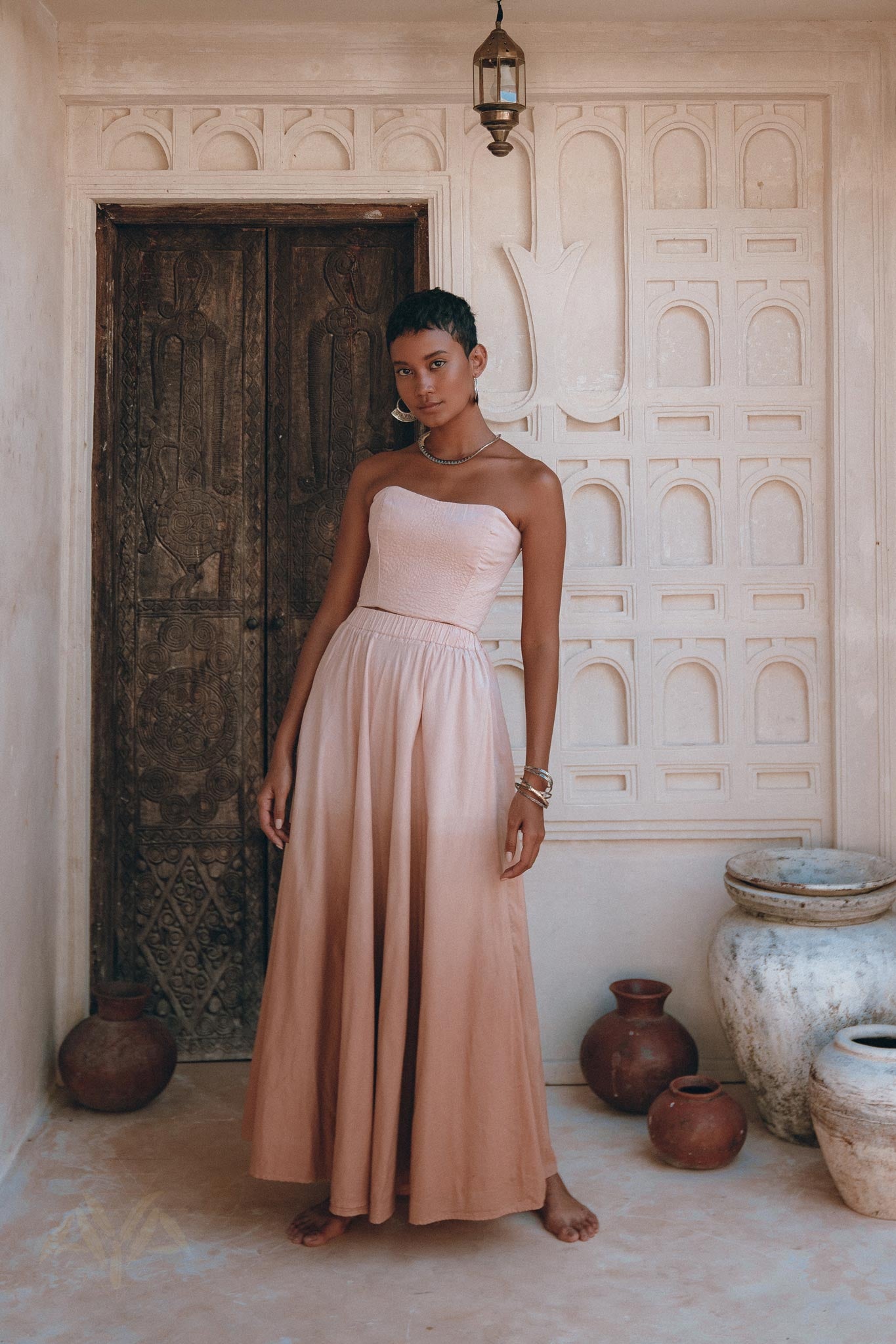 Boho Corset and Skirt for Women • Baby Pink Bustier Top and Maxi Skirt - AYA Sacred Wear