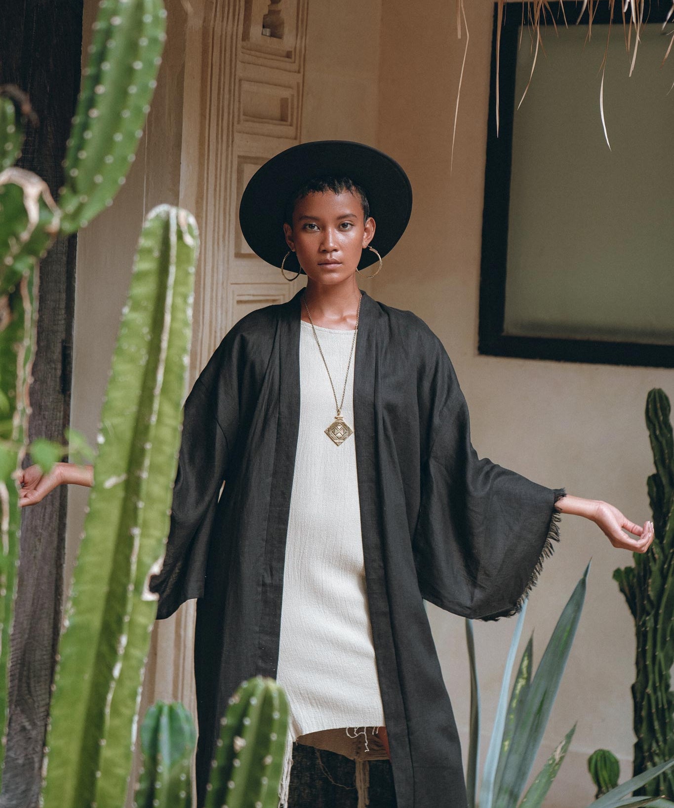 Boho Cover Up • Wide Sleeve Bohemian Cardigan • Black Linen Kimono Robe - AYA Sacred Wear
