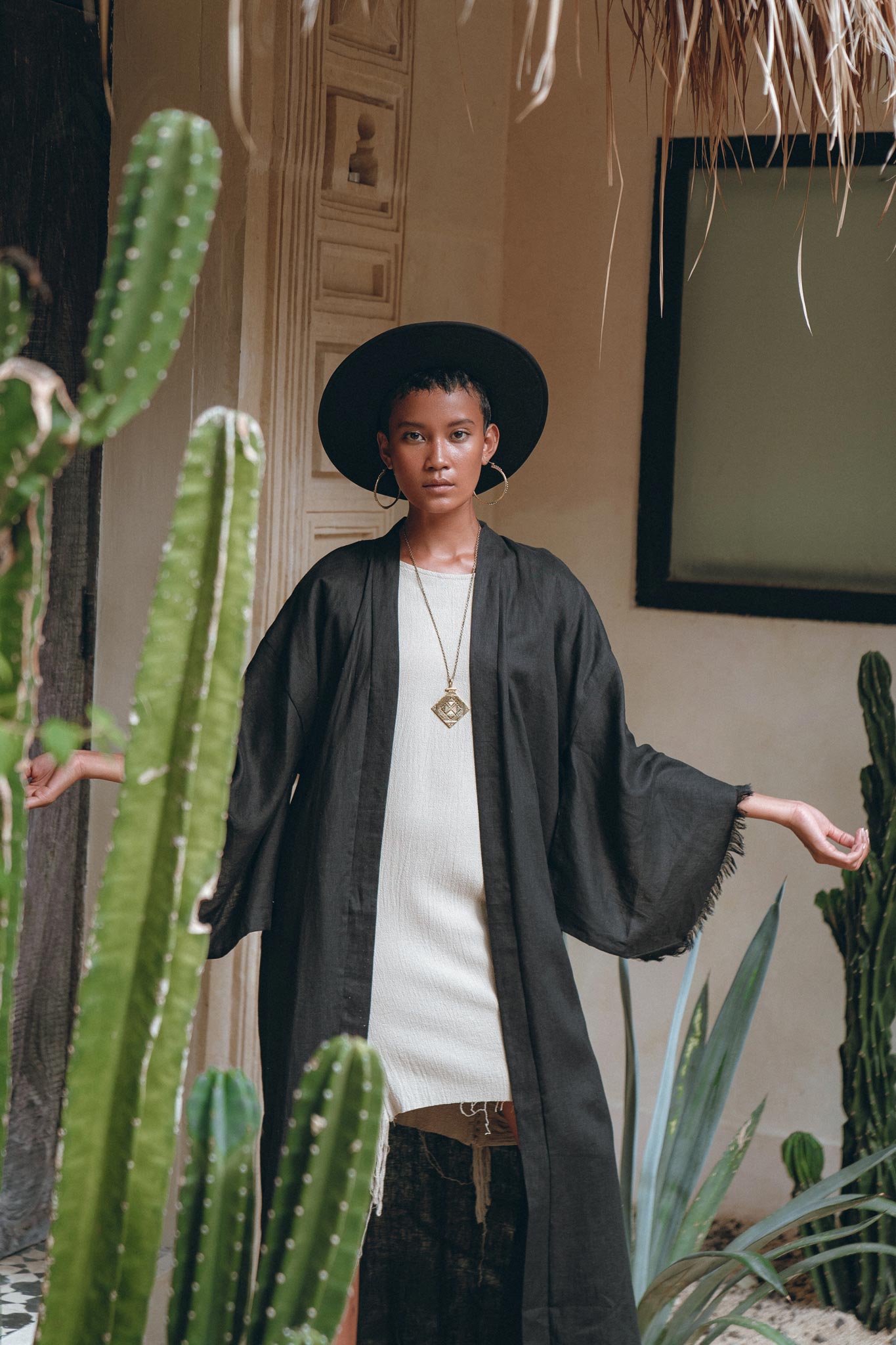 Boho Cover Up • Wide Sleeve Bohemian Cardigan • Black Linen Kimono Robe - AYA Sacred Wear