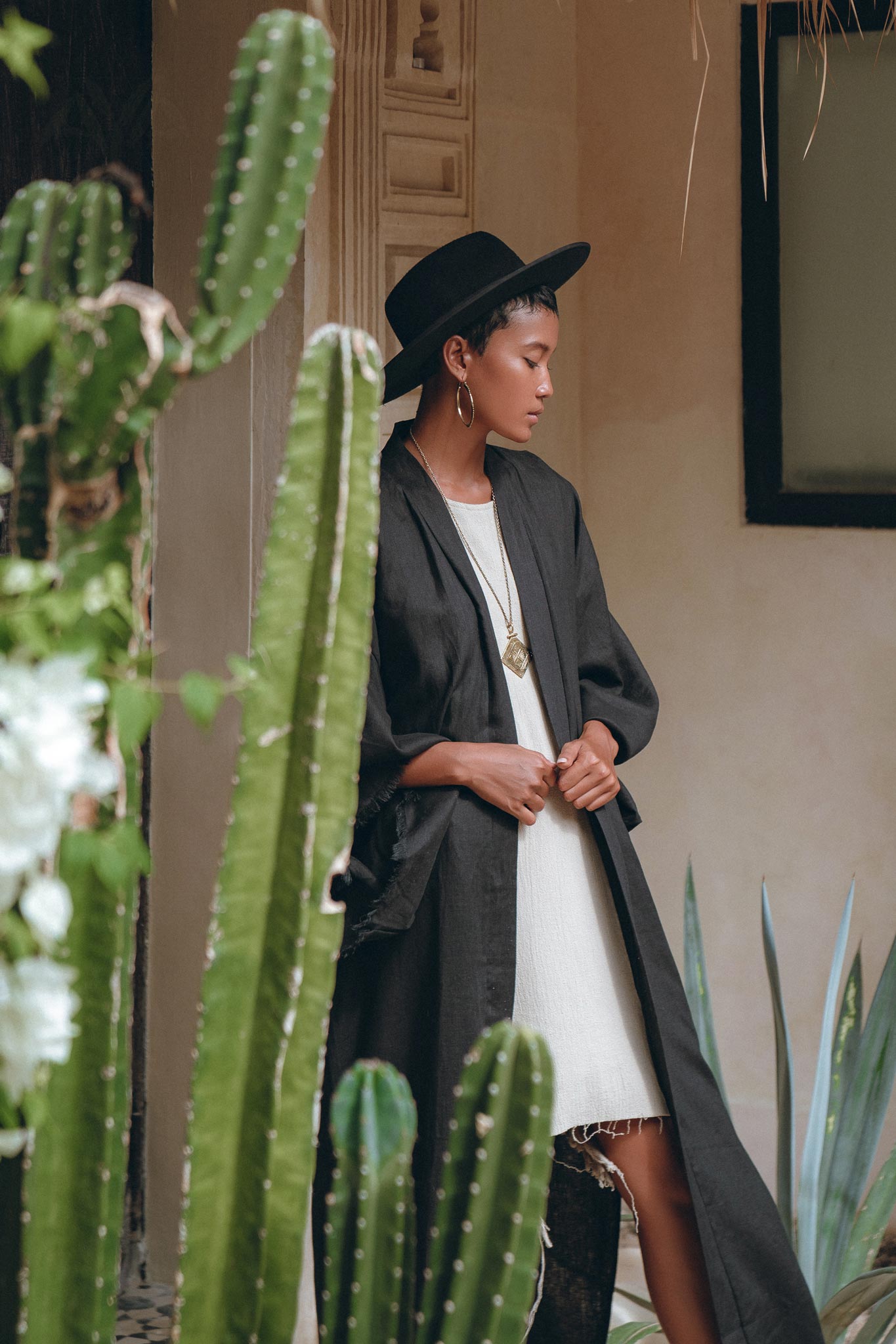 Boho Cover Up • Wide Sleeve Bohemian Cardigan • Black Linen Kimono Robe - AYA Sacred Wear